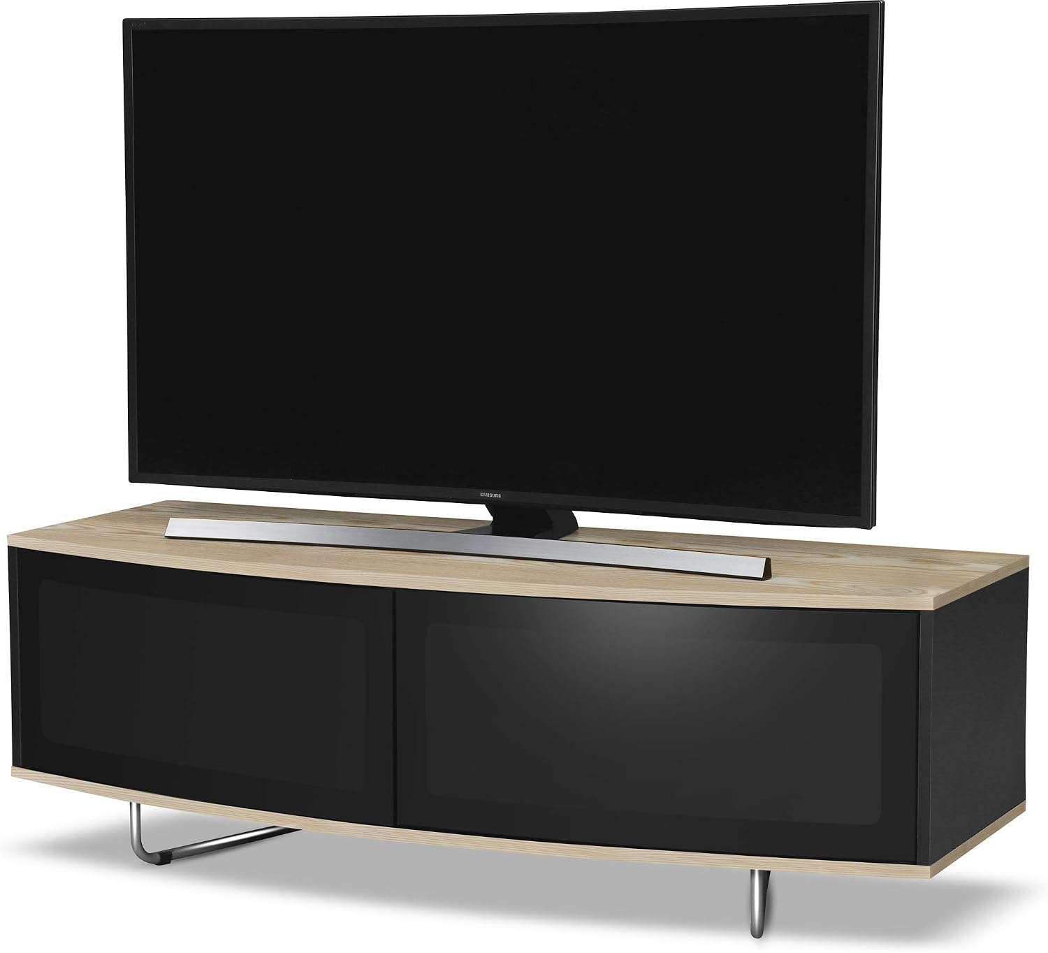 Centurion Supports Caru Gloss Black and Oak Beam-Thru Remote Friendly Super-Contemporary D Shape Design 32"-65" LED/OLED/LCD TV Cabinet - Image 4