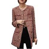 Generic Women Red Tweed Jacket Small Fragrant One-Piece Spring/Autumn Coat Mid Length Classic Ladies Top