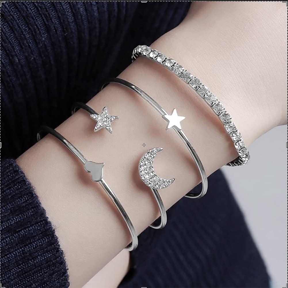 Carufin Star Moon Bracelet Boho Open Crystal Bangle Bracelets Set Jewelry for Women and Girls(Pack of 4) (Silver)