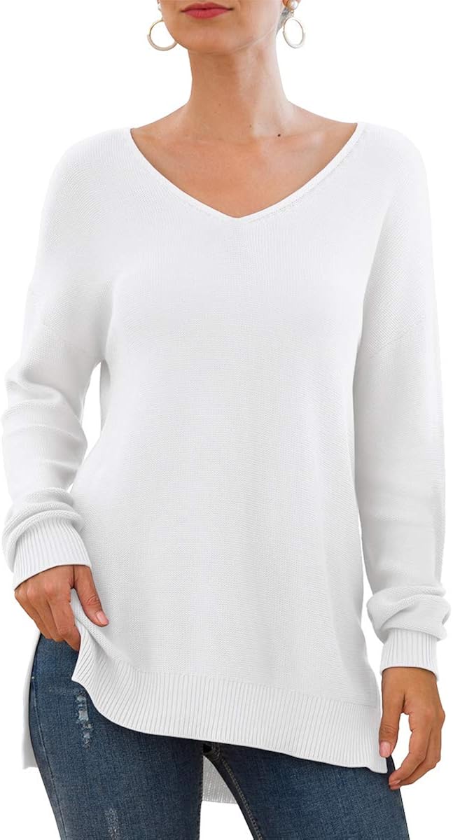 GRECERELLE Women's V-Neck Long Sleeve Side Split Loose Casual Knit Pullover Sweater Blouse at  Women’s Clothing store