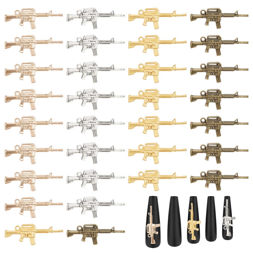 CRASPIRE Gun Nail Charms 40pcs 4 Colors Rifle Nail Charms Antique Silver Golden Alloy Gun Charm Pendant Connector for DIY Jewelry Making Accessories