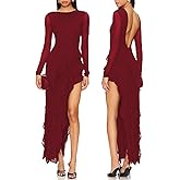 Capuffy Womens Long Sleeves Backless Maxi Dress Mesh Tassel Ruffle Side Split Bodycon Evening Party Dress 350
