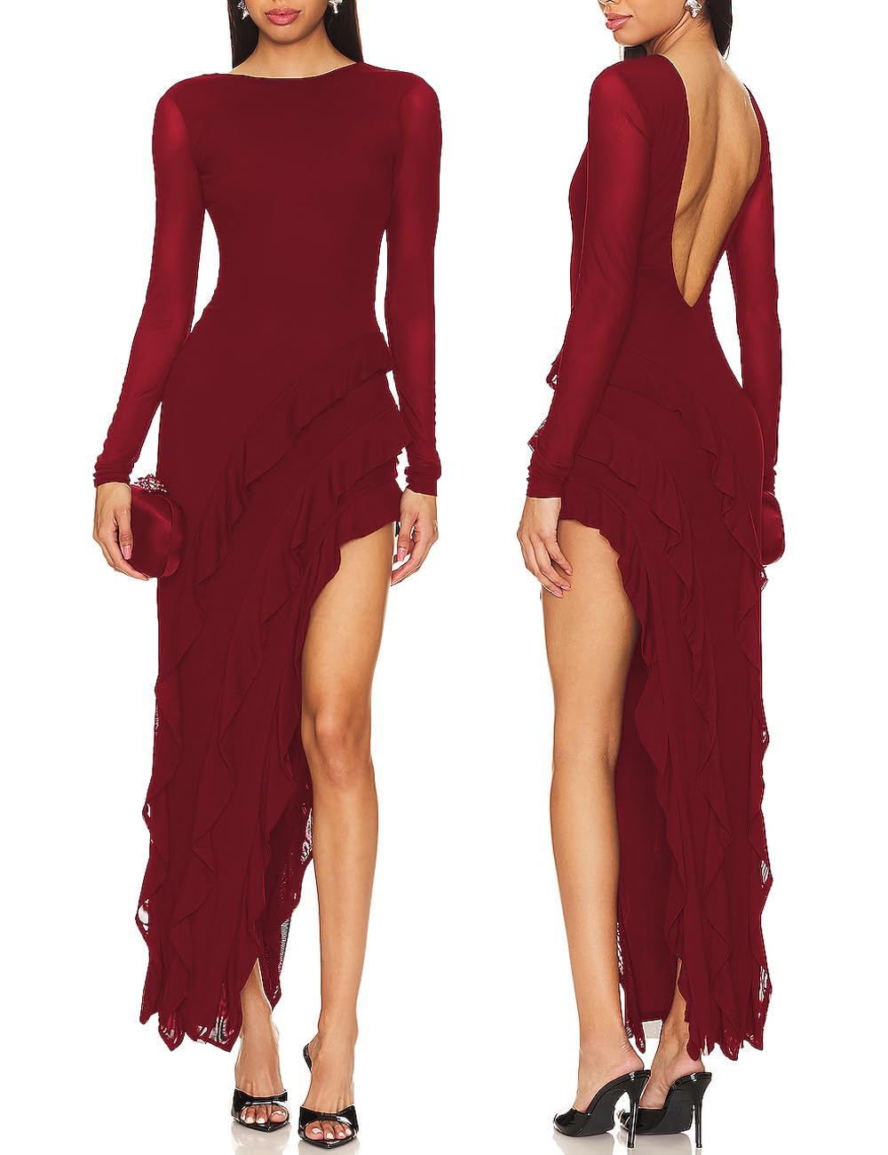 Photo 1 of Capuffy Womens Long Sleeves Backless Maxi Dress Mesh Tassel Ruffle Side Split Bodycon Evening Party Dress 350(Wine Red,S)