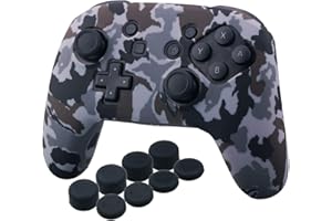 YoRHa Studded Silicone Transfer Print Cover Skin Case ONLY for Nitendo Official Switch Pro Controller x 1(Camouflage Grey) with Pro Thumb Grips x 8