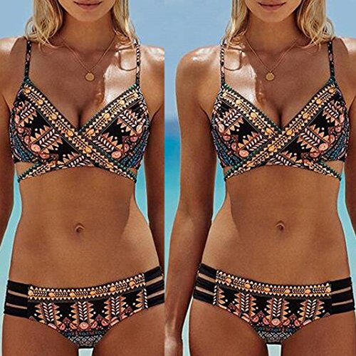 Challyhope Bikini Swimsuit, Women Monokini Sexy Bohemia Push-up Bra Beach Bathing Suit Two Piece (L, Black)