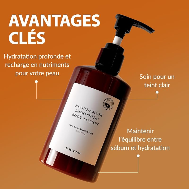 [MIZON] NIACINAMIDE SMOOTHING BODY LOTION (300ml) Soin coréen - Lotion corporelle avec 10% de Niacinamide - AHA + Vitamine C + Acide Hyaluronique - Hydratation & Exfoliation douce - Sans parfum