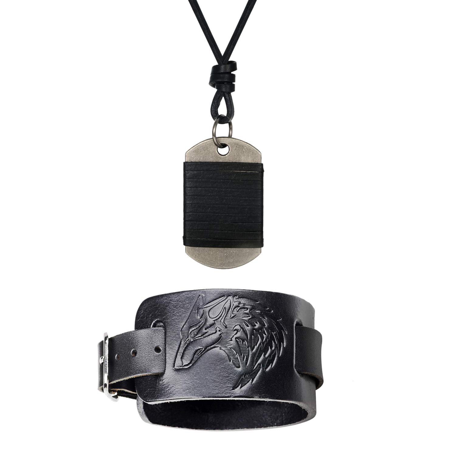 Cupimatch Men's Adjustable Wolf Head Wide Leather Bracelet Dog Tag Pendant Necklace Set, Punk Rock Wrist Belt Cuff Bangle Leather Cord Alloy Military Pendant Necklace Chain Jewelry for Fathers Day