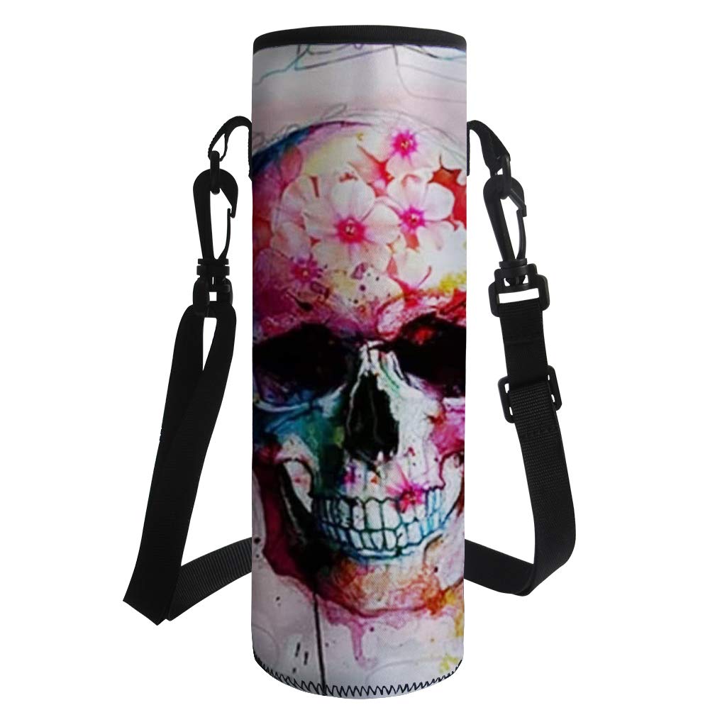 HUGS IDEA Flower Skull Water Bottle Sleeve Outdoor Sport Shoulder Strap Plastic Bottle Cover Pink
