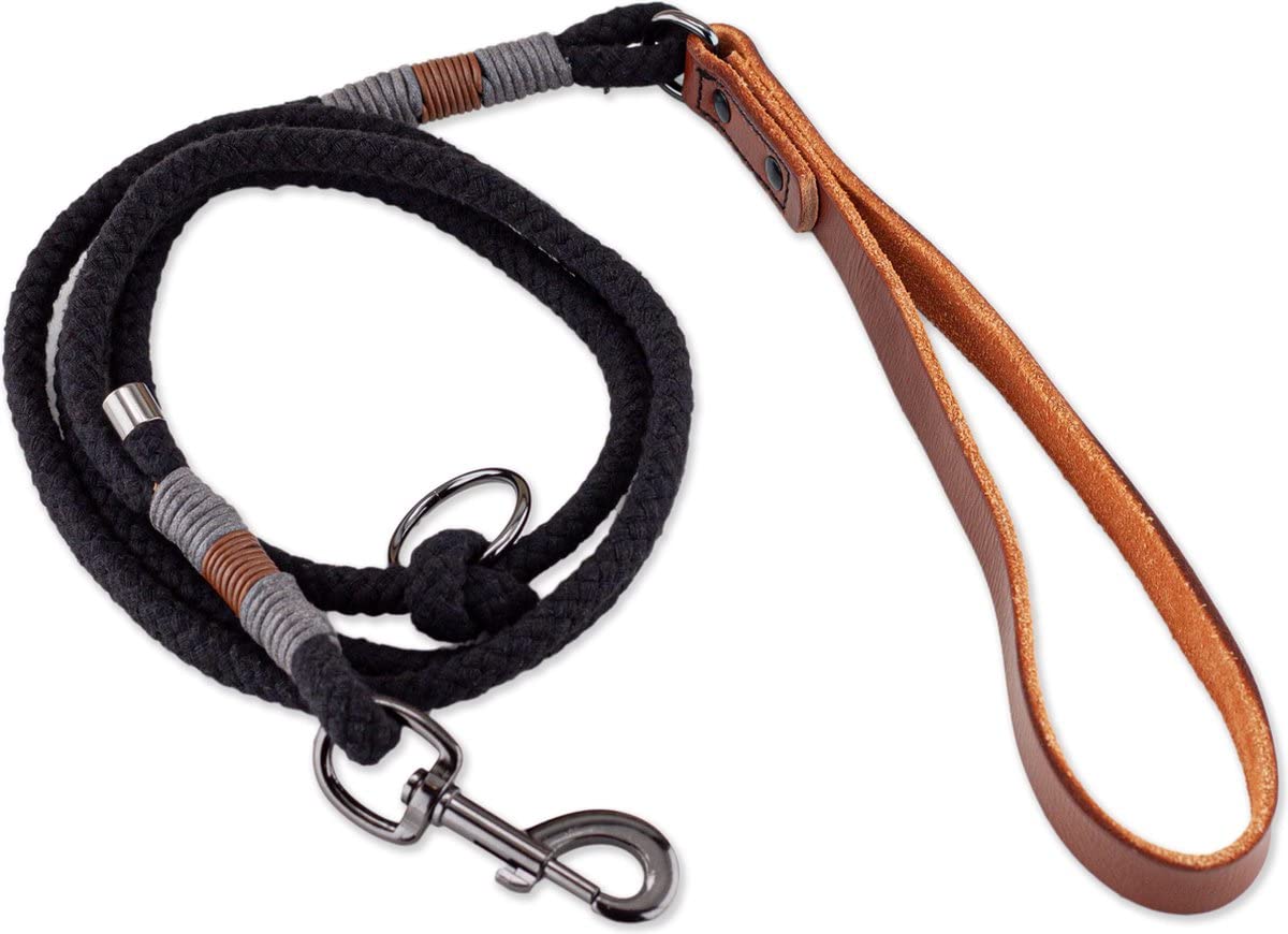 Dog Lead with Leather Handle - 140 cm - Strong Rope and Full Grain Leather - Black/Cognac/Grey - Robust Dog Lead for Training and Walking - For Small and Medium Dogs