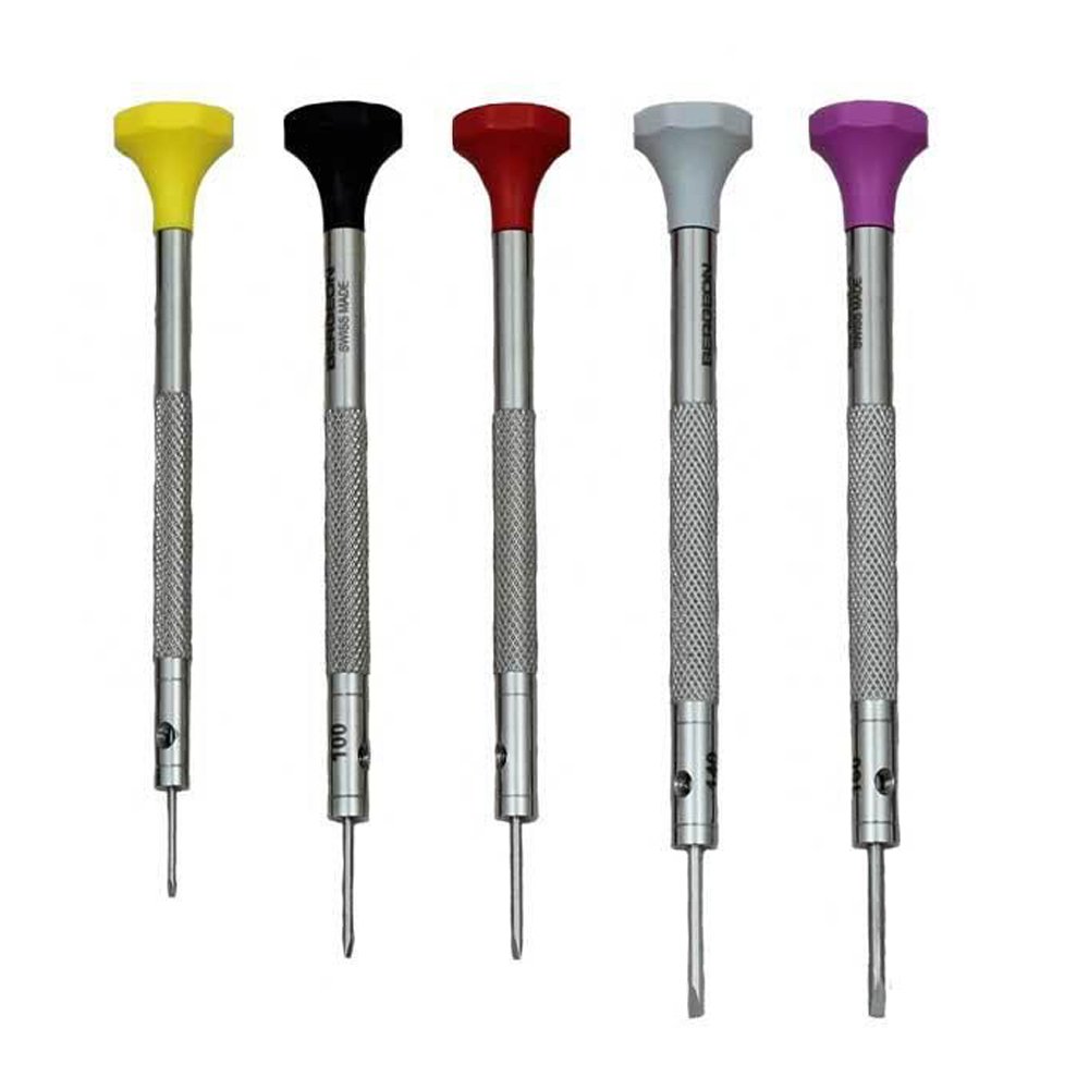 BERGEON Watchmakers Screwdrivers Set of 5 - Hex Head, Ergonomic, Swiss Made, 0.80, 1.0, 1.2, 1.4, 1.6mm - Replaceable Blades, Storage Bag Included