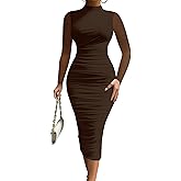 MOEENCN Women's Sexy Bodycon Midi Dress Birthday Outfits Sheer Mesh High Neck Ruched Date Night Club Party Dresses