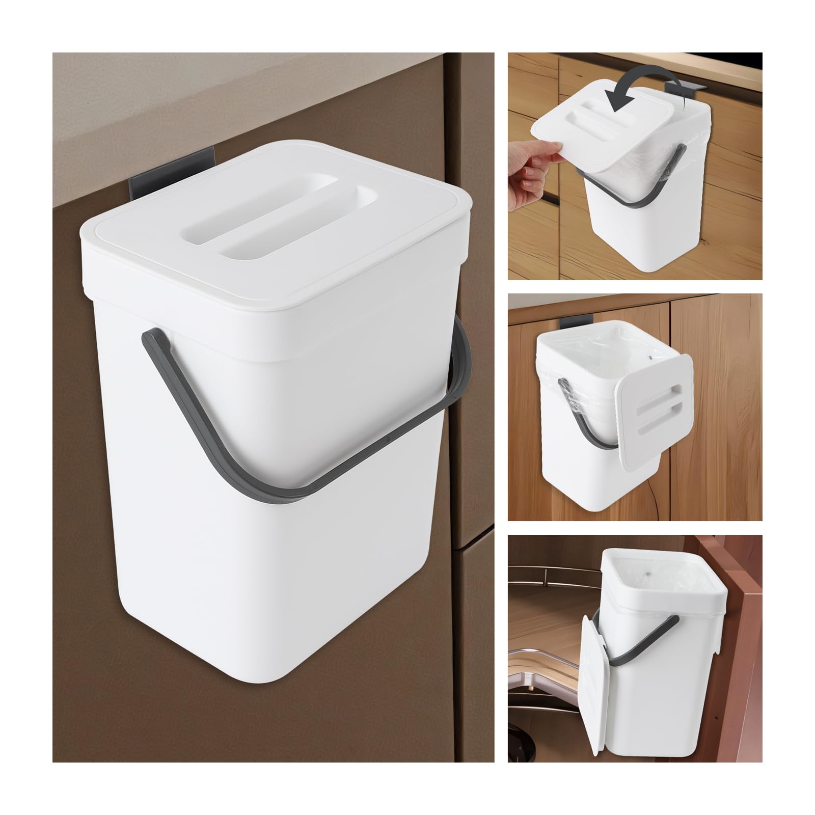 Photo 1 of 0.8 Gallon/3L Compost bin Kitchen, for use on countertops or Under Sinks, Hanging Trash can with lid, for Cupboard/Bathroom/Bedroom/Office/Camping, Mountable Indoor Compost Bucket(White)