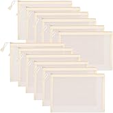 Sinzip 12 Pieces Zipper Nylon Mesh Pouch, Mesh Cosmetic Bags Makeup Bags Pencil Case, Multipurpose Travel Bags for Cosmetic School Office Supplies and Travel Accessories (Beige, A5)
