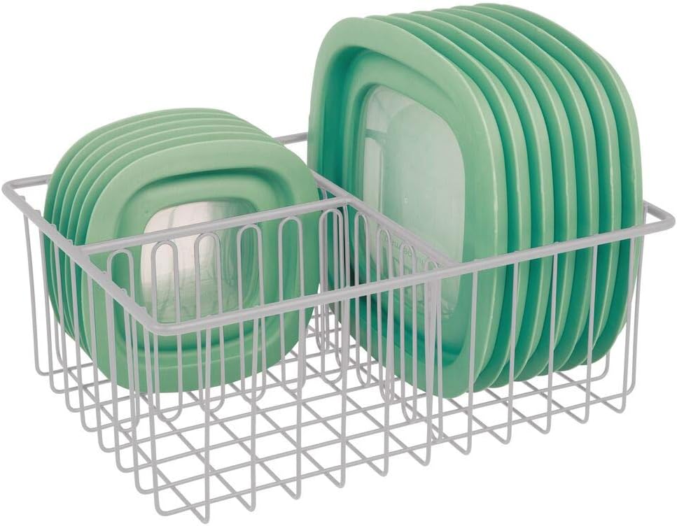 mDesign Metal Kitchen Food Storage Container Lid Holder, 3-Compartment Organizer Bin for Organization in Kitchen Cabinets, Cupboards, Pantry Shelves, Drawers - Light Gray