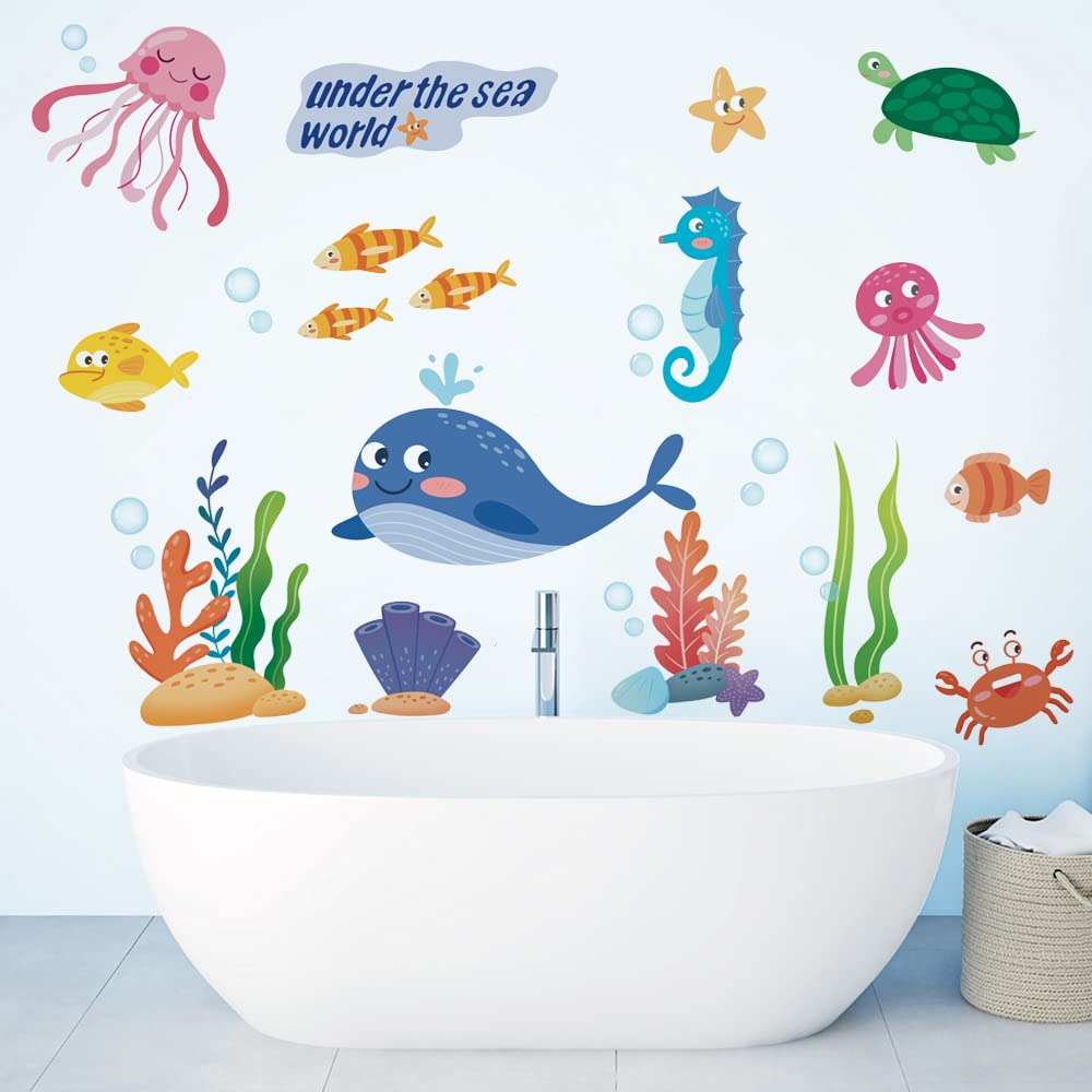 Runtoo Under the Sea Wall Stickers Whale Fish Jellyfish Wall Decals Bathroom Kids Bedroom Baby Nursery Wall Decor