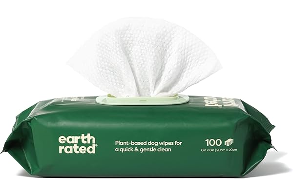 Earth Rated Hypoallergenic Dog Wipes, Cleaning and Odor-Controlling Grooming Wipes for Paws, Body, and Butt, Perfect for Puppy and Adult Dogs, Unscented, 100 Count