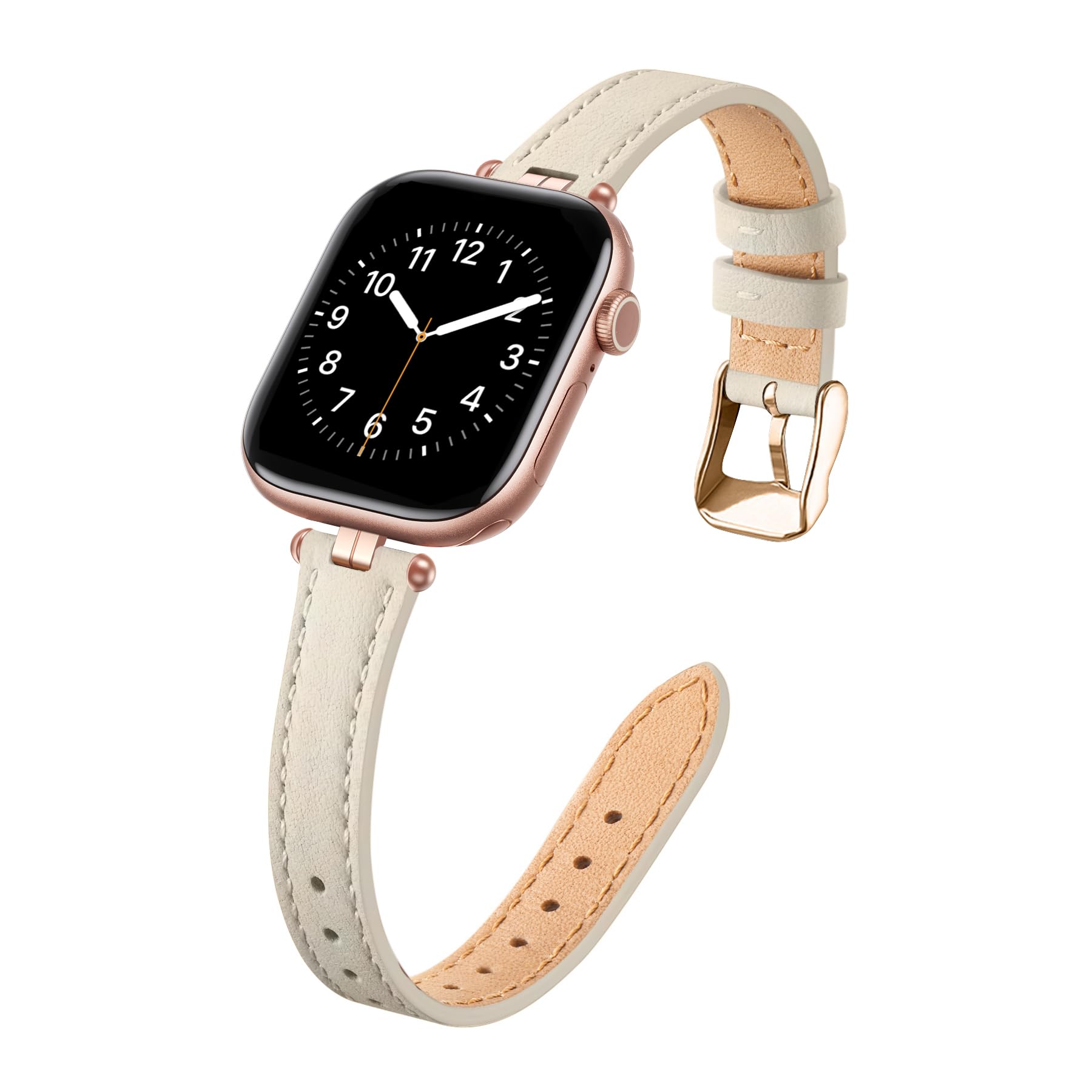 Photo 1 of STIROLL Thin Leather Band Compatible with Apple Watch Bands 41mm 40mm 38mm 42mm(Series 11 10) Women, Stylish Top-Grain Leather Strap Slim Wristband for iWatch SE3/2/1 Series 9 8 7 6 5 4 3 2 1, Ivory White/Rose Gold