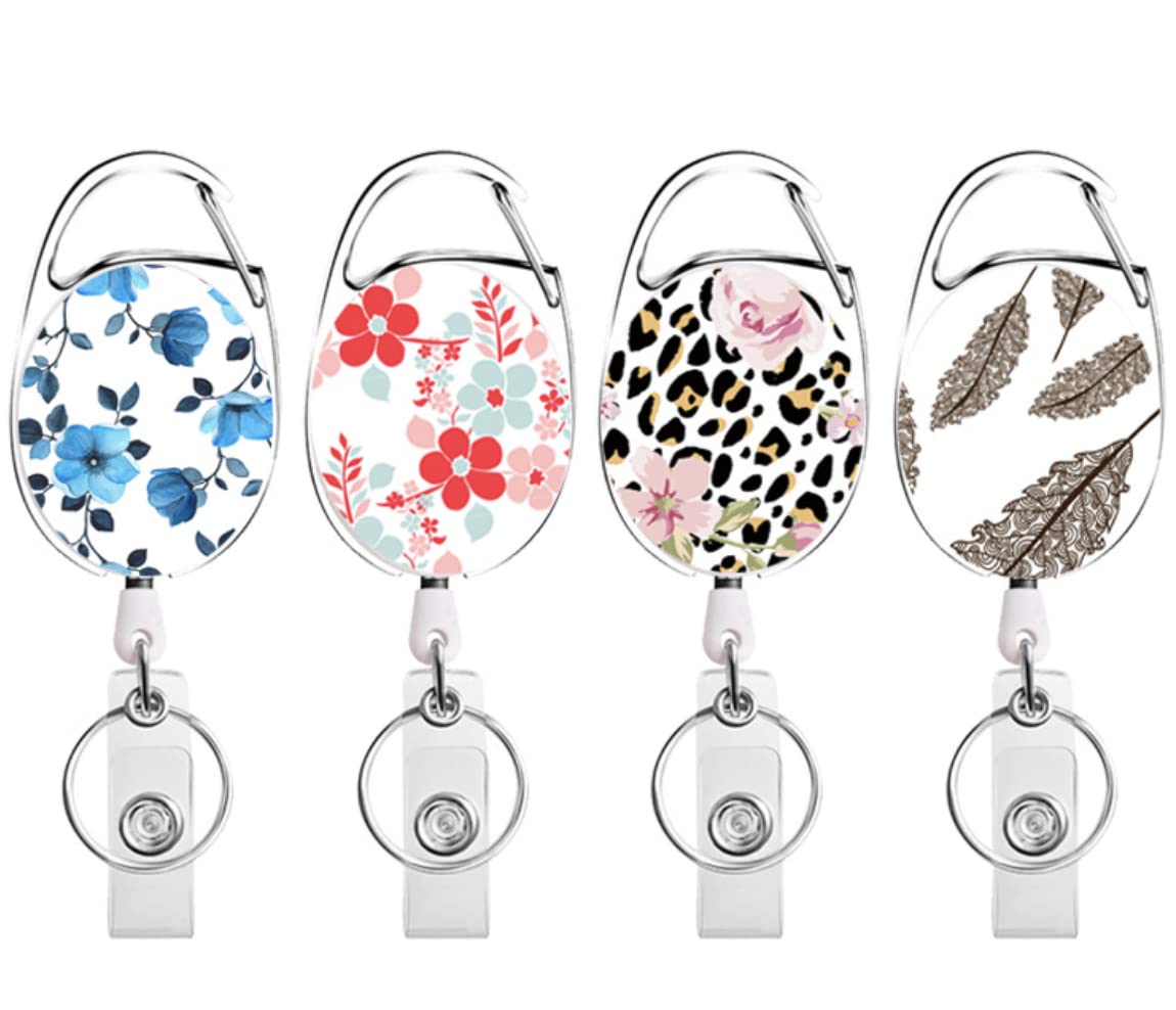 VELLICHOR 4 x Colourful Retractable ID Holders with Clip | Badge Reels Holder Unique Floral Design Lanyard Extending Cord Office Trainee Hospital Keycard or Keys can be Attached
