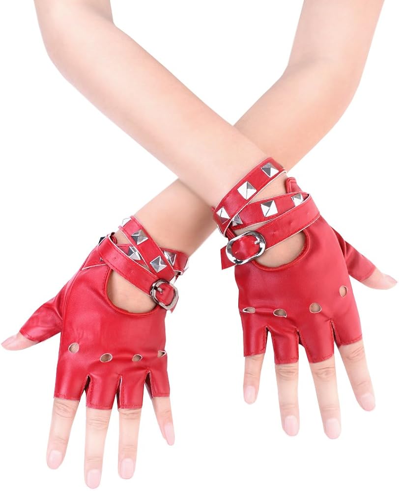 halber Finger JISEN Damen Handschuhe aus PU-Leder mit Nieten mit G/&uuml;rtel