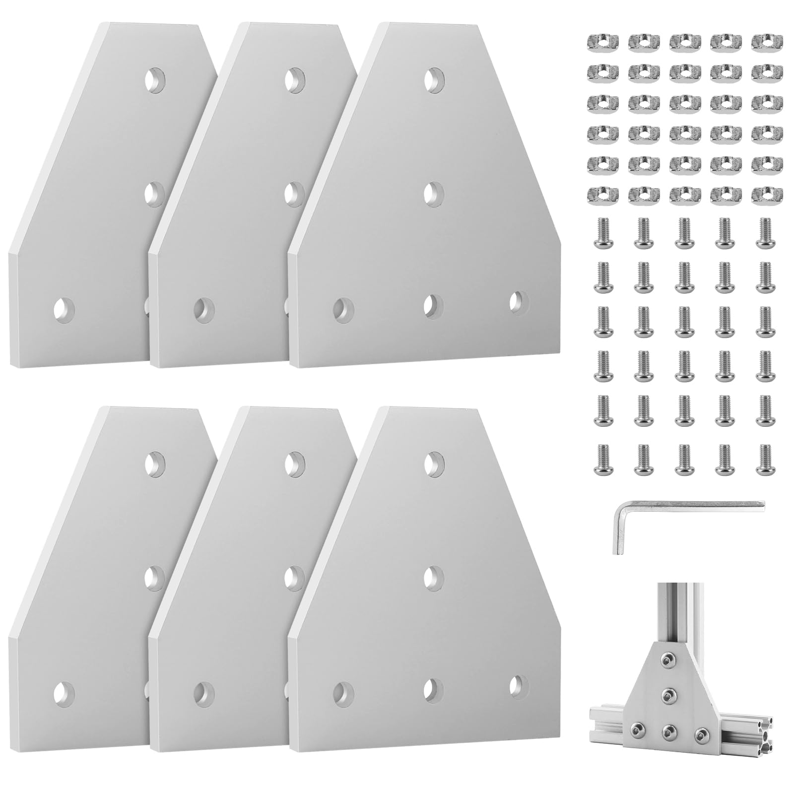 EXLECO 6 Corner Bracket Connection Plate Aluminium Profile 30 x 30 Corner Bracket Plate Corner Angle Plate Outer Profile T Profile Aluminium with Nuts Screws Wrench for 7 mm Slot Aluminium Profile