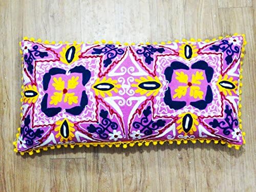 Virasat Exports- 12x24 Suzani Hand Embroidery Pillow Cases Indian Pink Handmade Home Sofa Decor Cushion Pillow Covers