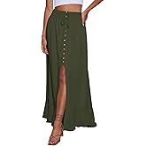 Minclouse Women's Elastic Tie Waist Button Down Maxi Skirts Casual Loose Flowy Swing Slit Front Dress