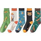 Angelteers 5 Pairs Cute Animal Crew Socks Fun Casual Cotton Calf Socks for Women (US, Alpha, One Size, Regular, Regular, Fox)