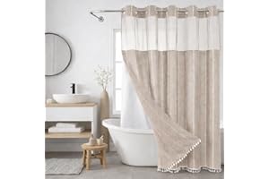 Maisonna Hookless Linen Shower Curtain Set with Snap-in Liner, No Hook Fabric Shower Curtain, Farmhouse Bathroom Curtain with Sheer Top Window, Machine Washable Beige 72x74