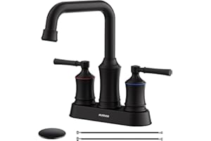 Bathroom Sink Faucet, Hurran Two Handle 4 inch Centerset Bathroom Faucet with Pop-up Drain, 360 Swivel Spout Lead-Free Stainless Steel Sink Faucet for Bathroom Sink, Matte Black