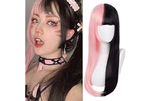 Kaneles Half Black and Half Pink Cosplay Wig Long Straight Synthetic Heat Resistant Costume Cosplay Bangs Wig for Women Girls