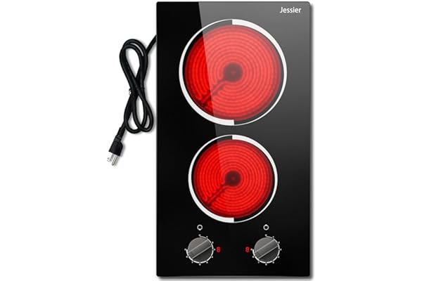 Jessier Electric Cooktop 12 Inch - 2 Burner Plug in Portable 110V Electric Cooktop, Built-in & Countertop Ceramic Stove Top w