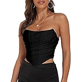 Women's Vintage Strapless Open Back Boned Mesh Bustier Zip Back Corset Bodyshaper Crop Top