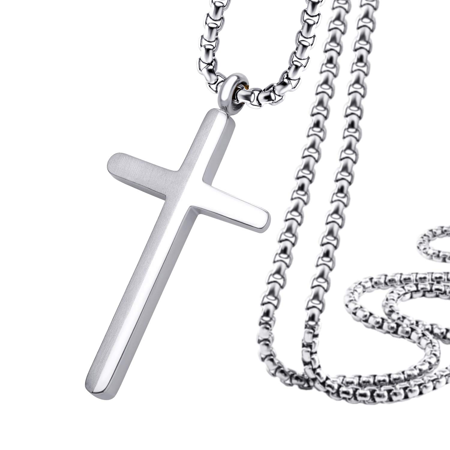 555Jewelry Stainless Steel Cross Necklace for Men, Box Link Chain, Cross Pendant for Men, Chain Necklace for Men, Cross Chain for Men, 20 Inch Chain, Silver