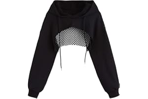 Remidoo Womens Cropped Hoodie Fishnet Long Sleeve Crop Top Hollow Out Drawstring Sweatshirt