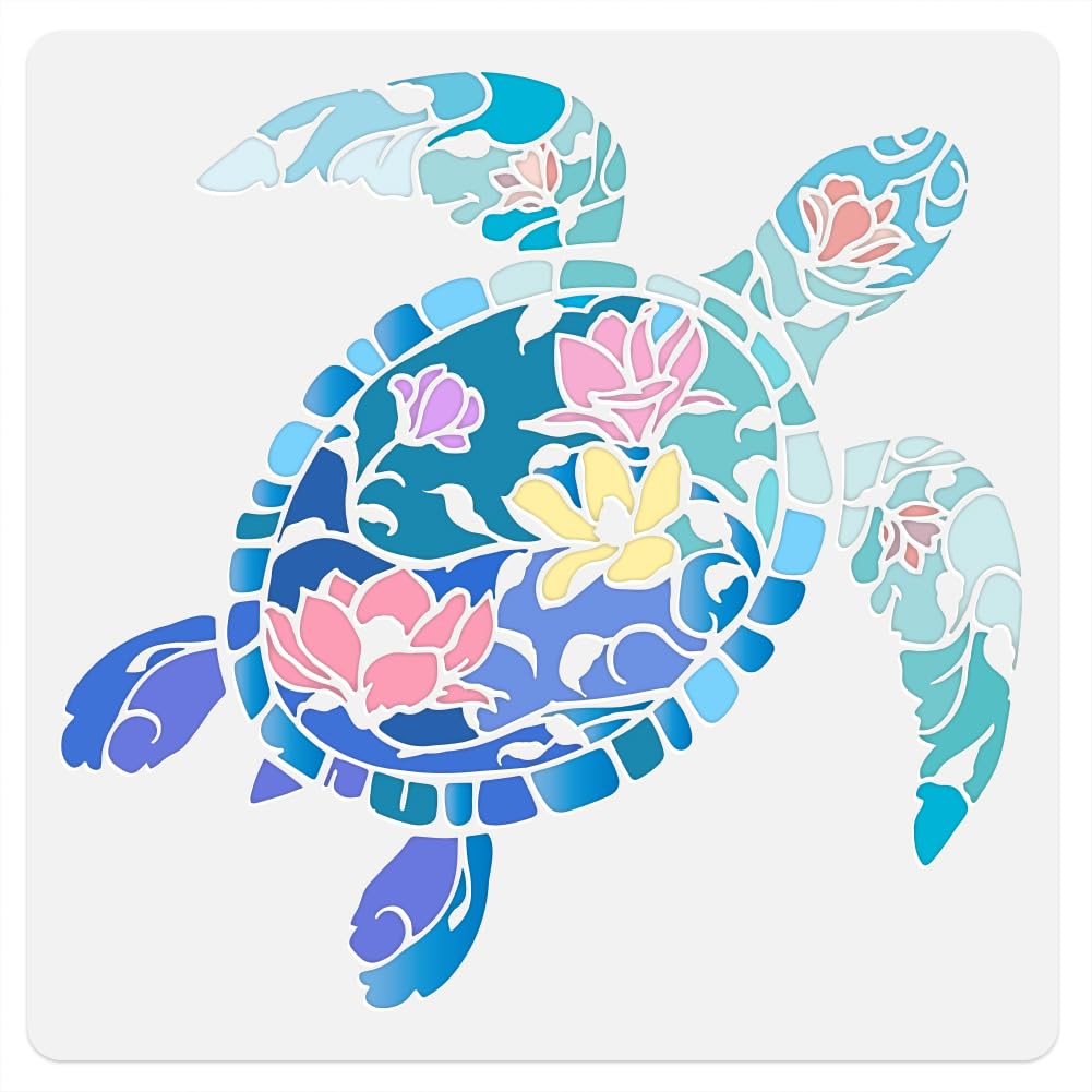 Photo 1 of Sea Turtle with Magnolias Craft Stencil Template 11.8 x 11.8 Inch Reusable Turtle Stencil for Painting on Wood Wall Floor Fabric Furniture, Turtle DIY Home Decor Craft Stencil