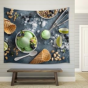 Green Refreshing Lime Pistachio Ice Cream in White Bowl Overhead Shot - Fabric Wall Tapestry Home Decor - 51x60 inches