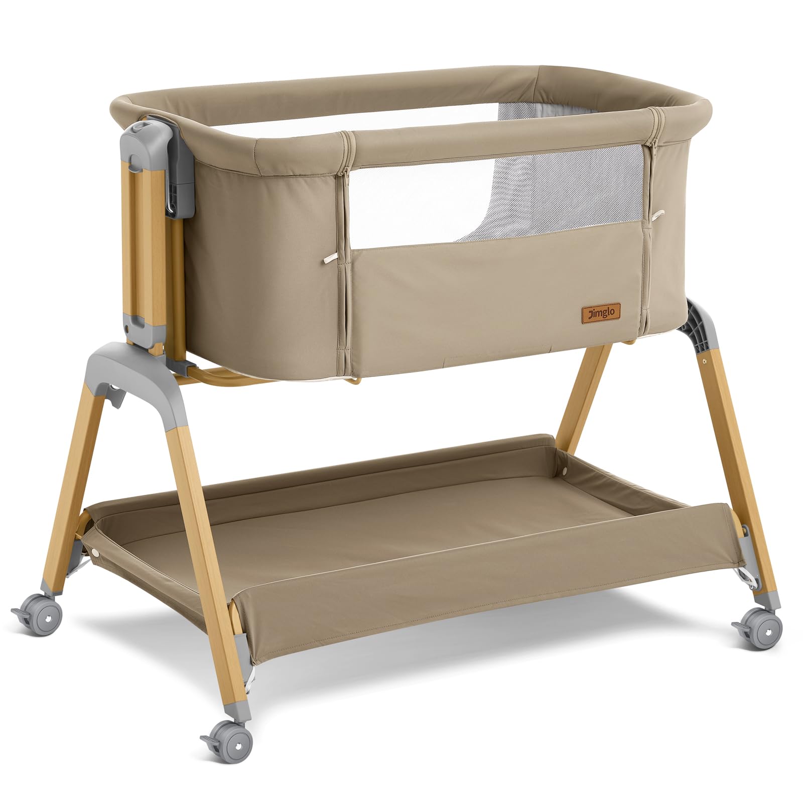 Jimglo 3 in 1 Baby Bassinet, Rocking Bassinets with Comfy Mattress and Wheels, Adjustable Height Bassinet Bedside Sleeper, Easy Folding Portable Crib for Newborn (Khaki)