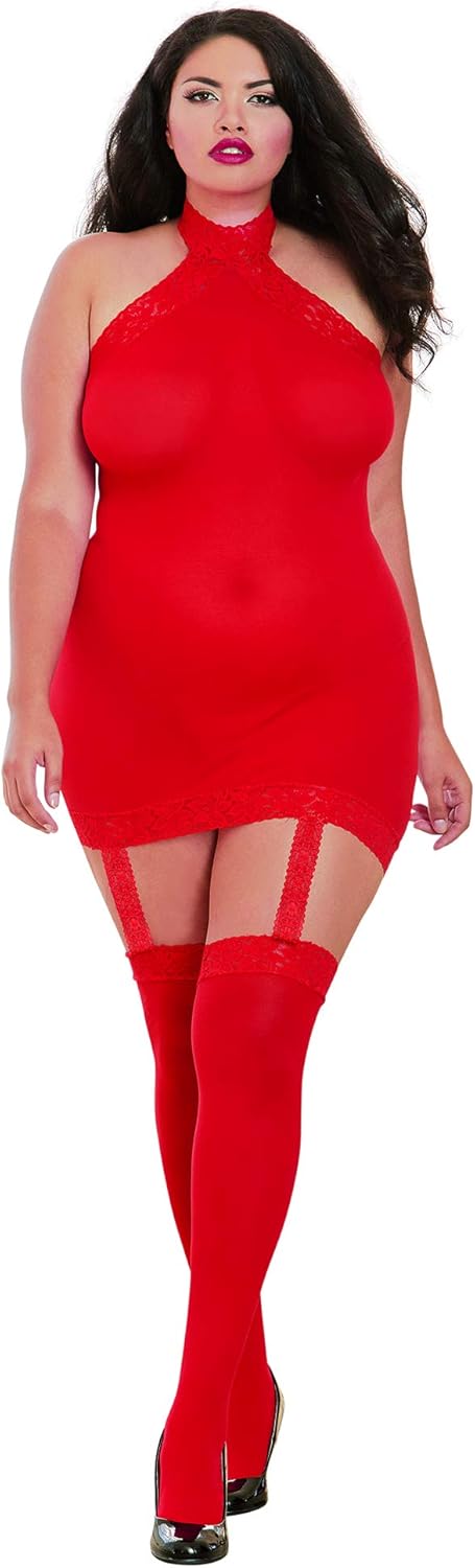 Dreamgirl Women's Plus Size Semi-Sheer Halter Garter Dress with Thigh High Stockings, Black, O/SQ: Clothing