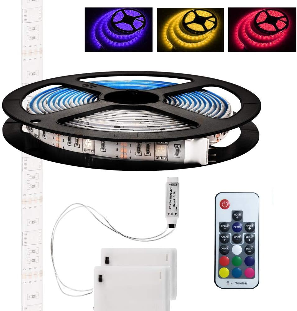 LED Strip Lights, Flexible 5M / 16.4ft TV Backlight,Battery Powered Waterproof RGB LED Rope Lights with Remote & 2 Battery Power Supply Box for Kitchen, Bedroom, Cabinet