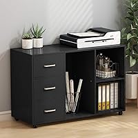 Bizzoelife Large 2 Door Wood File Cabinet With Wheels Black Modern Mobile Storage Lateral Filing Cabinet Printer Stand Legal Letter A4 Size With Open Storage Shelves For Home Office
