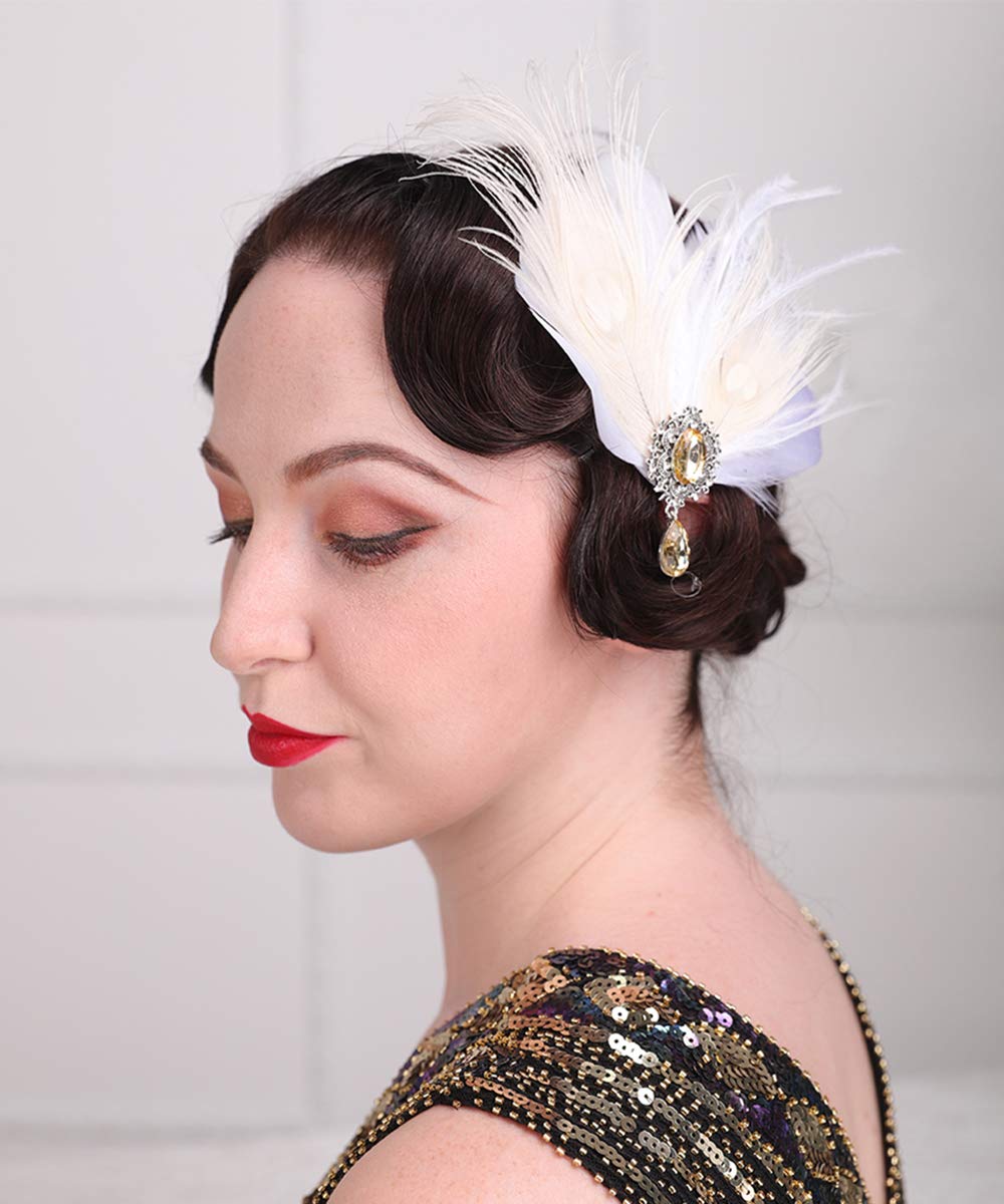 Anglacesmade Bridal 1920s Flapper Feather Hair Clip Crystal Teardop White Feather Roaring 20s Headpiece Prom Party Festival Gatsby Hair Jewelry for Women and Girls