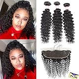 NewYou 8a Brazilian Deep Wave 3 Bundles with 13''×4'' Frontal 100% Virgin Human Hair Bundles with Ear to Ear Lace Closure Pre-Plucked with Baby Hair Free Part Natural Color (12 14 16+10 Frontal)