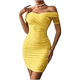 Floerns Women's Pearl Beaded Off Shoulder Short Dress Short Sleeve Bodycon Party Dresses