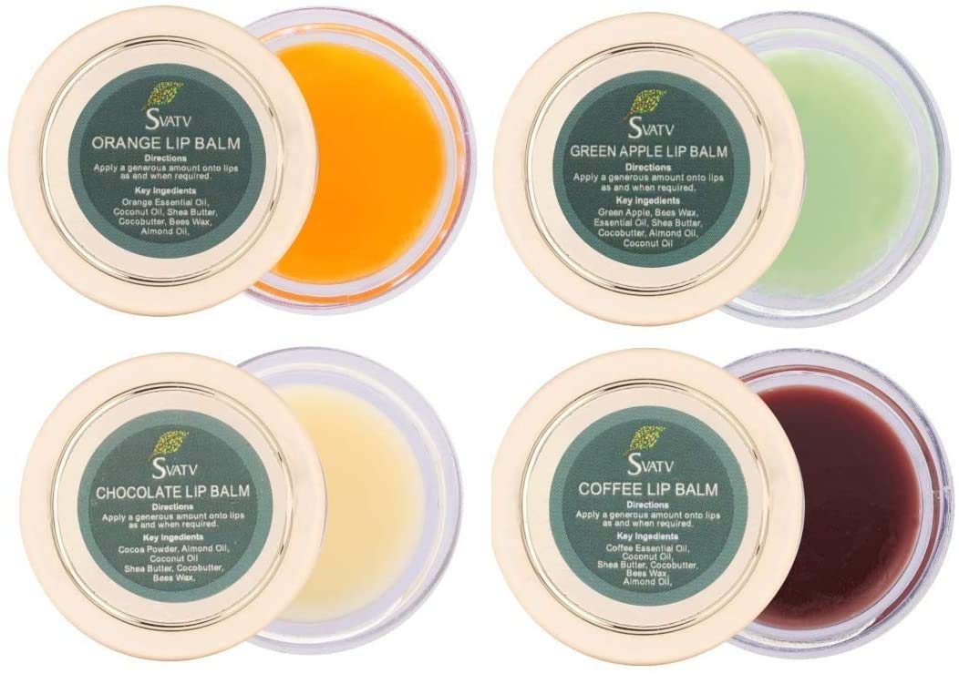 "SVATV Assorted Lip Balm pack of x4 With Chocolate, Coffee, Orange & Green Apple Flavours to Repair, Hydrating Dry or Chapped Lips, Best moisturizing lip balm for Men & Women 15g "