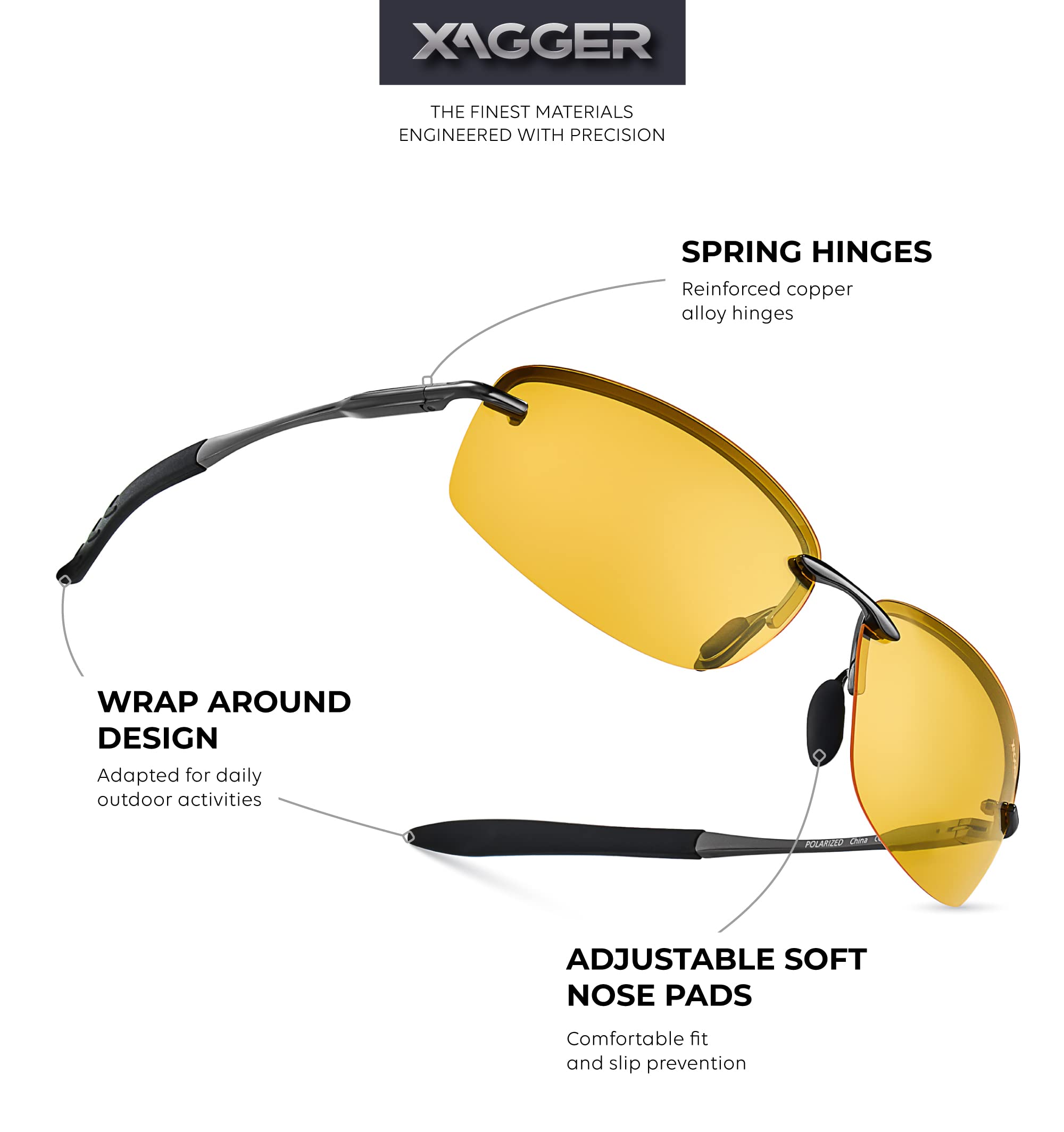 Xagger Polarized Driving Sunglasses for Men Rimless Metal Frame UV400 Protection Sun Glasses