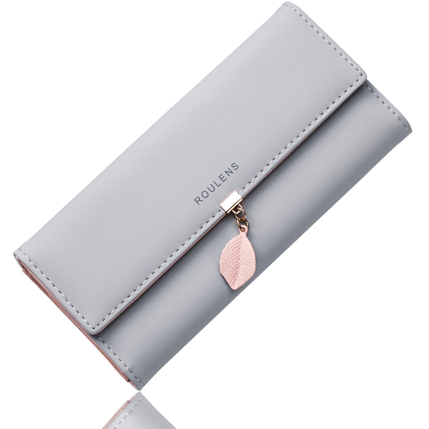 Roulens Ladies Purse, RFID Blocking PU Leather Wallet for Women Leaf Pendant Zipper Coin Purse with Multiple Card Slots and Roomy Compartment