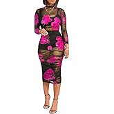 Women Sexy See Through Mesh Long Sleeve Ruched Midi Dresses Crop Top Bodycon Skirt 3 Piece Outfits Set Clubwear