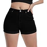 Romastory Women's High Waisted Summer Elastic Jean Shorts Folded Hem Hot Denim Shorts for Women