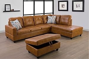 SIENWIEY Ginger Leather Sectional Couch for Living Room Set,Sectional Sofa L Shape Couch with Storage Ottoman/Ginger Faux Leather/Facing Right Chaise