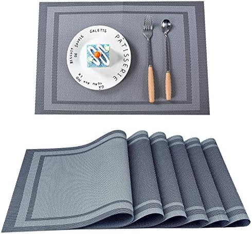 Azorcol PVC Place Mats,Heat-resistant Placemats Stain Resistant Anti-skid Washable PVC Table Mats Woven Vinyl Placemats for Dining Table, Set of 6 (Grey)